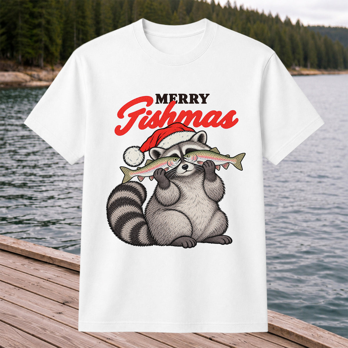 Santa Raccoon Holding Fish Christmas Fishing Graphic T-Shirt