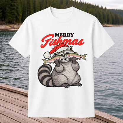Santa Raccoon Holding Fish Christmas Fishing Graphic T-Shirt