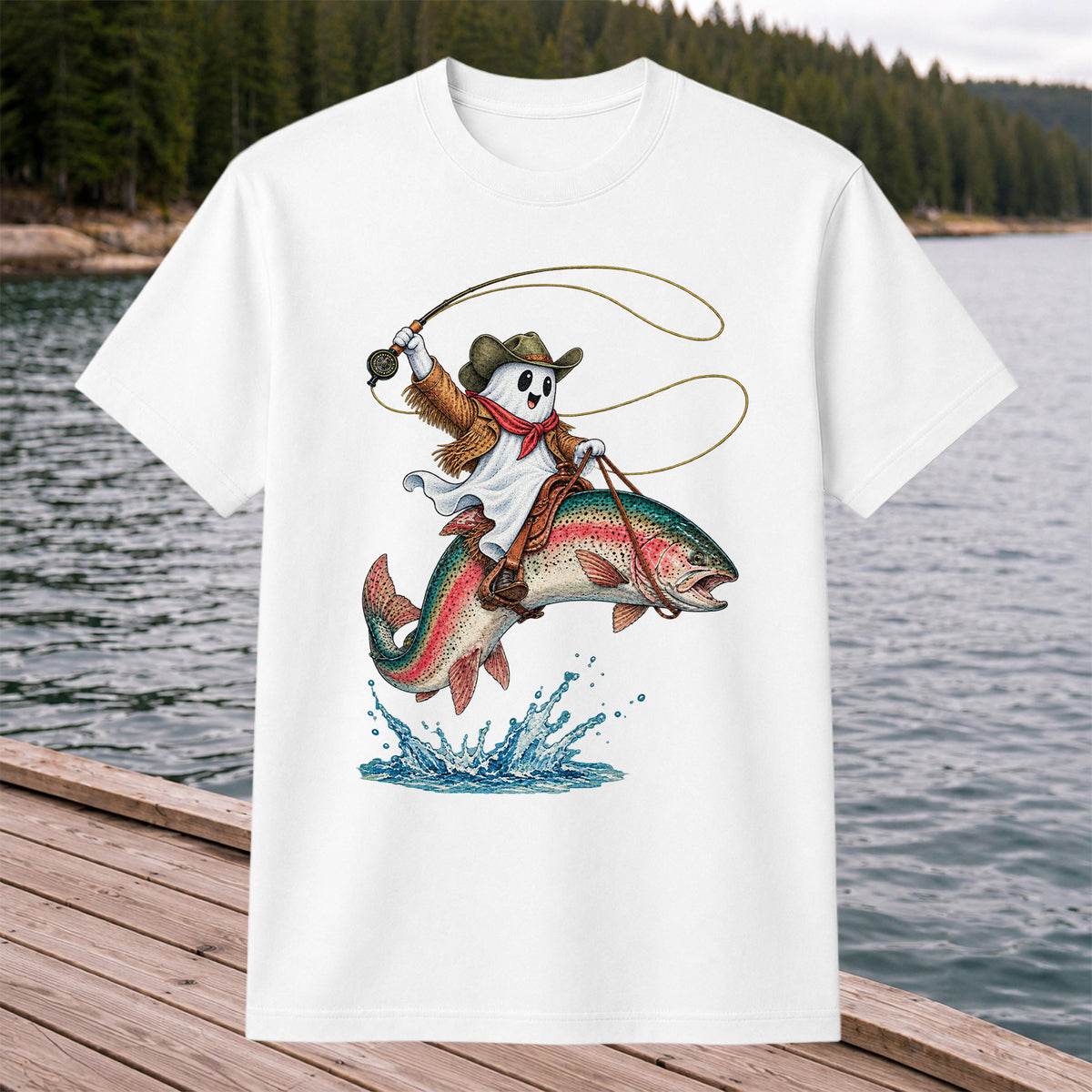 Ghost Cowboy Riding a Rainbow Trout Halloween Fishing T-Shirt