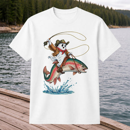 Ghost Cowboy Riding a Rainbow Trout Halloween Fishing T-Shirt