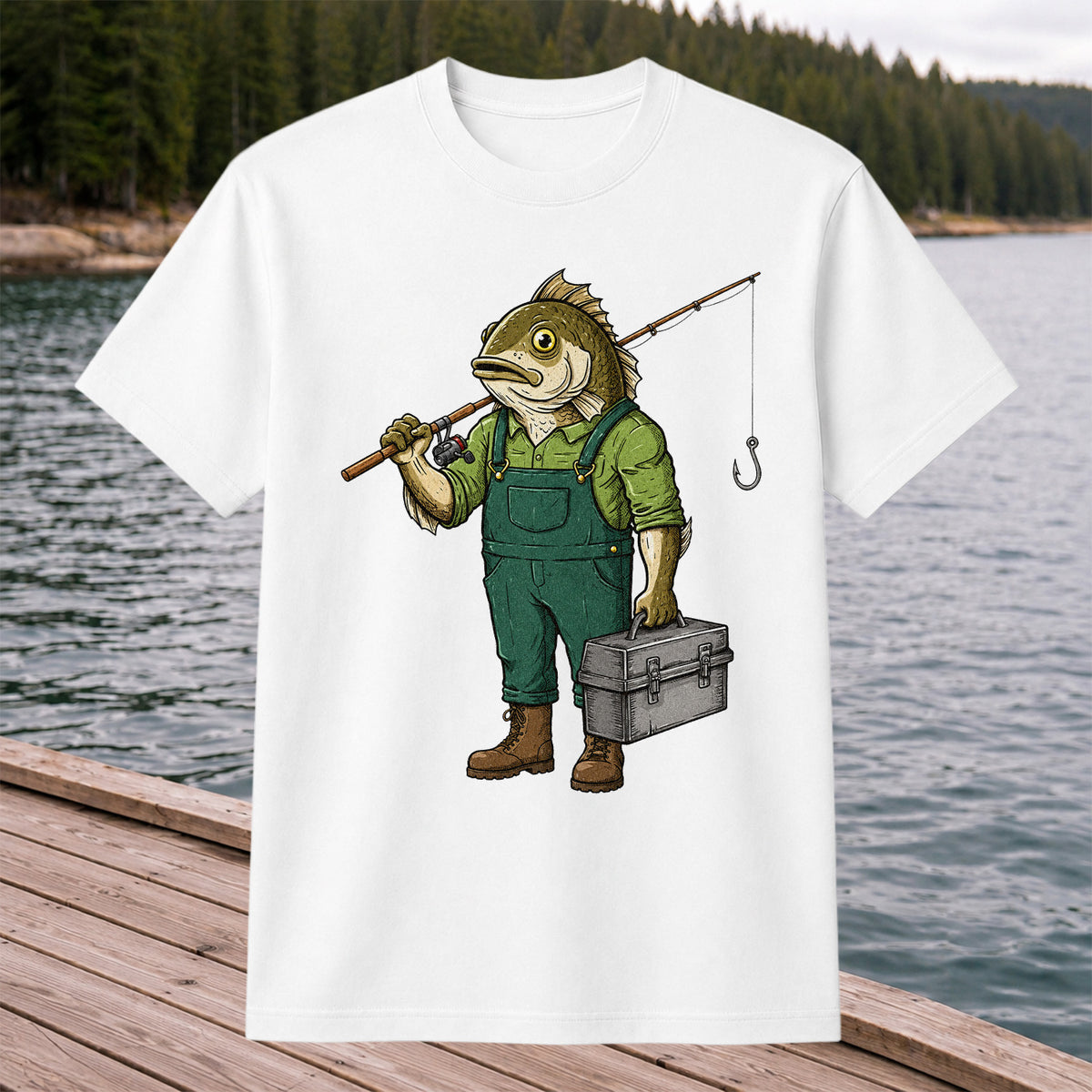 Funny Bass Fisherman Carrying Tackle Box Graphic T-Shirt