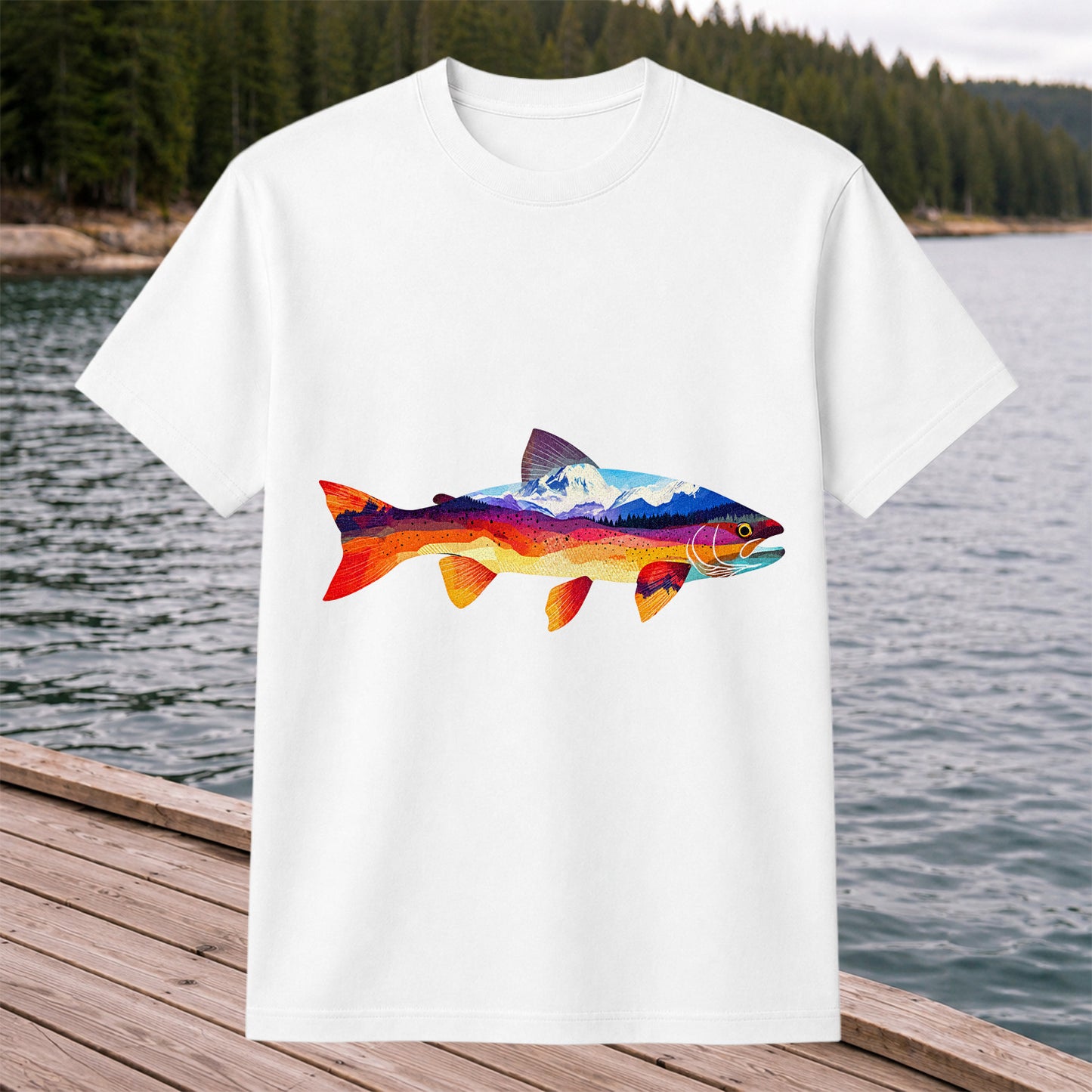 Mountain Sunset Trout Silhouette Fishing Graphic T-Shirt