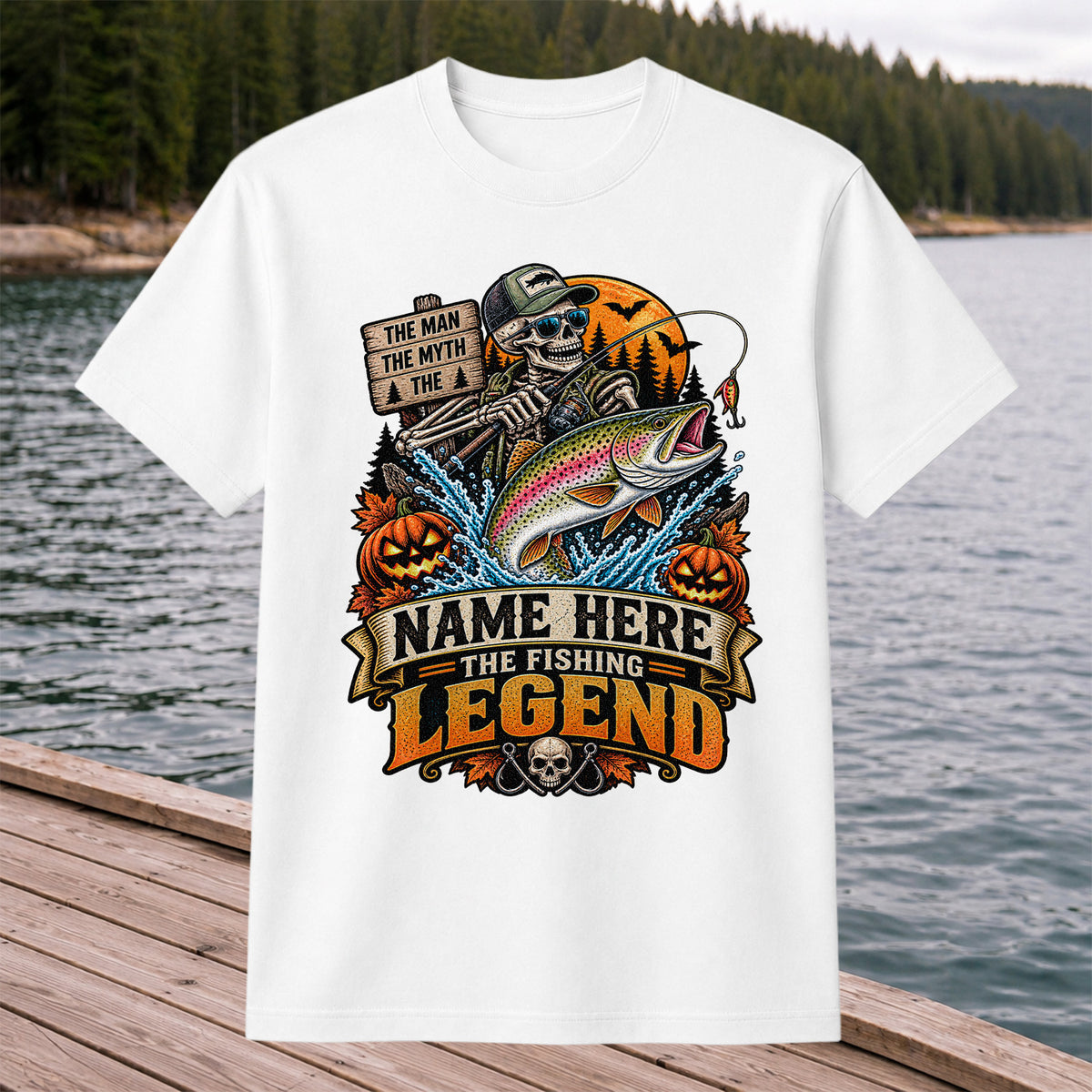The Man The Myth The Fishing Legend Name Here Halloween Skeleton Rainbow Trout T-Shirt