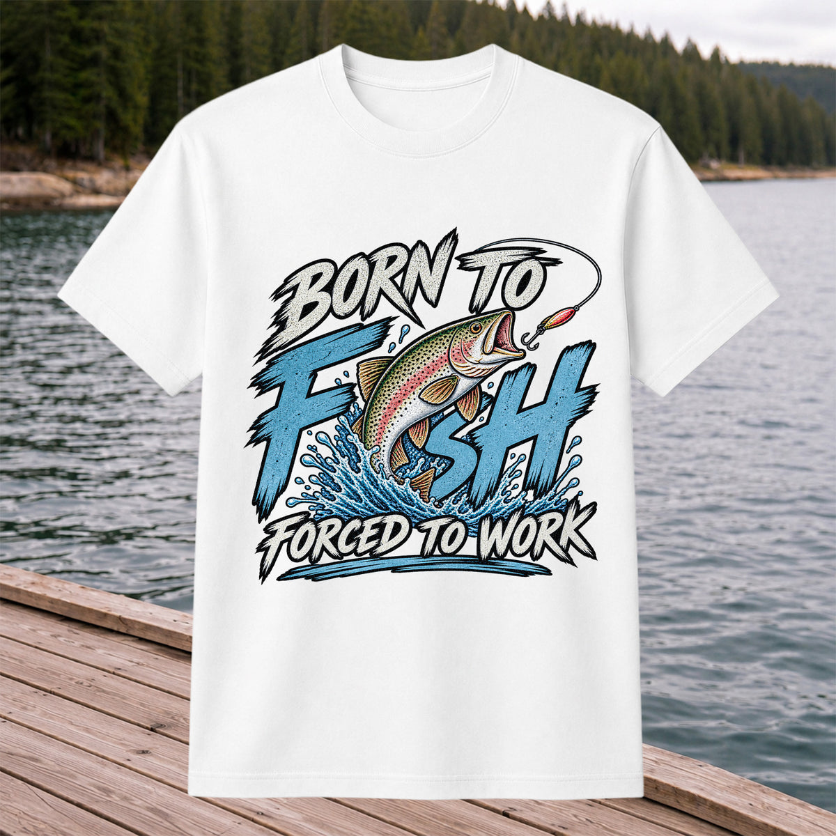 Born to Fish Forced to Work Jumping Rainbow Trout Fishing T-Shirt