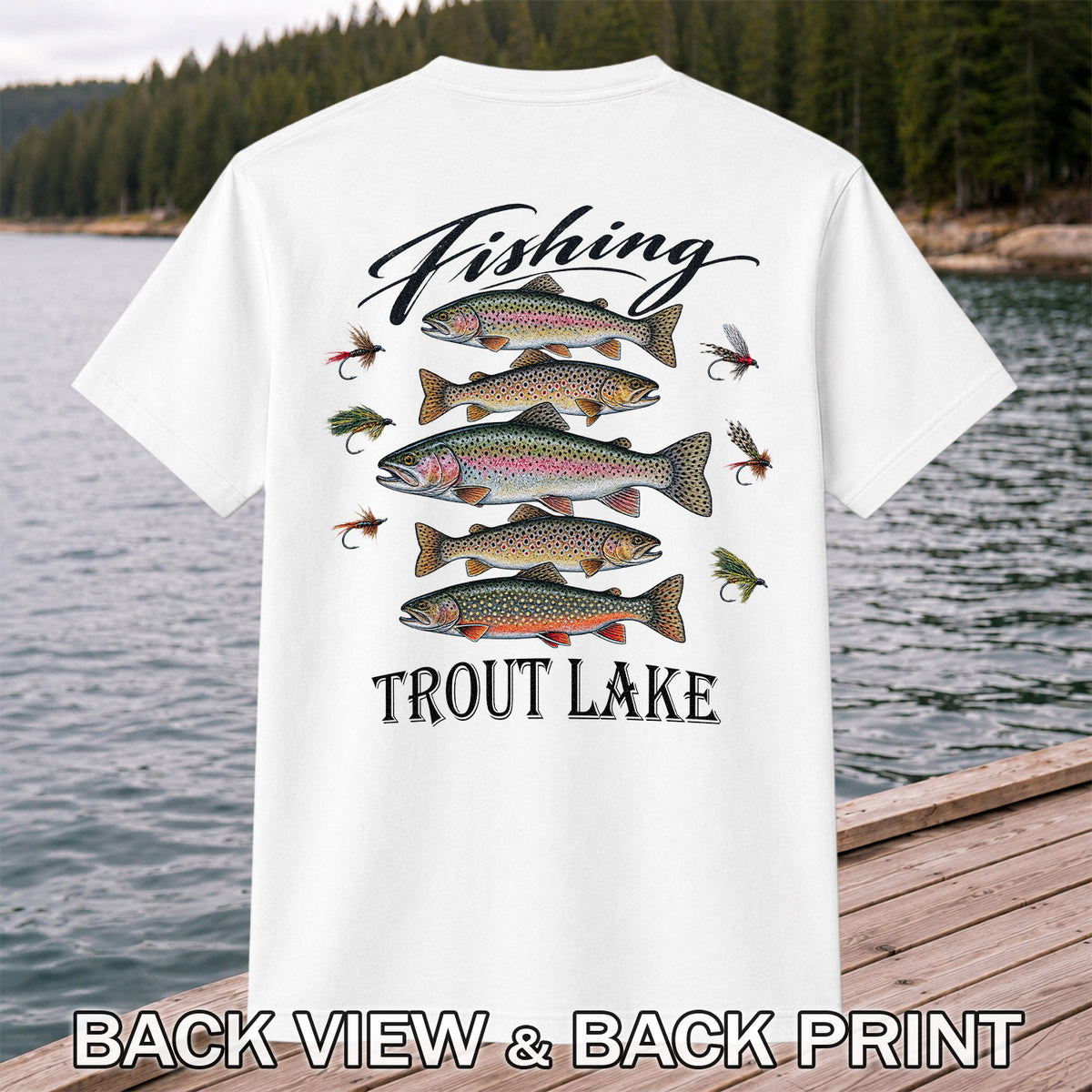 Fishing Trout Lake Vintage Trout and Flies Graphic T-Shirt | Back Print