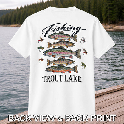 Fishing Trout Lake Vintage Trout and Flies Graphic T-Shirt | Back Print