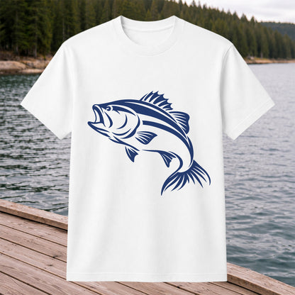 Blue Bass Fishing Line Art Graphic T-Shirt