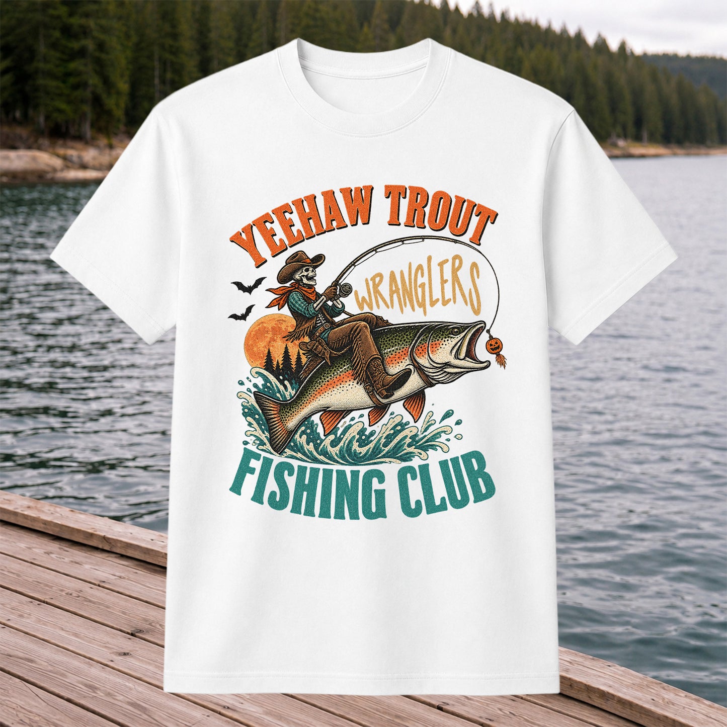 Yeehaw Trout Wranglers Fishing Club Cowboy Skeleton T-Shirt