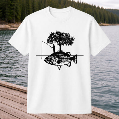 Fish and Tree Silhouette Fishing Graphic T-Shirt