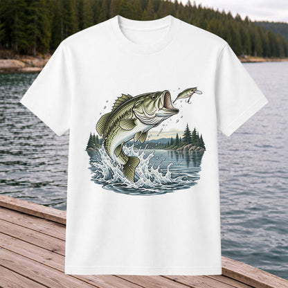 Jumping Largemouth Bass Chasing a Lure Lake Fishing Graphic T-Shirt
