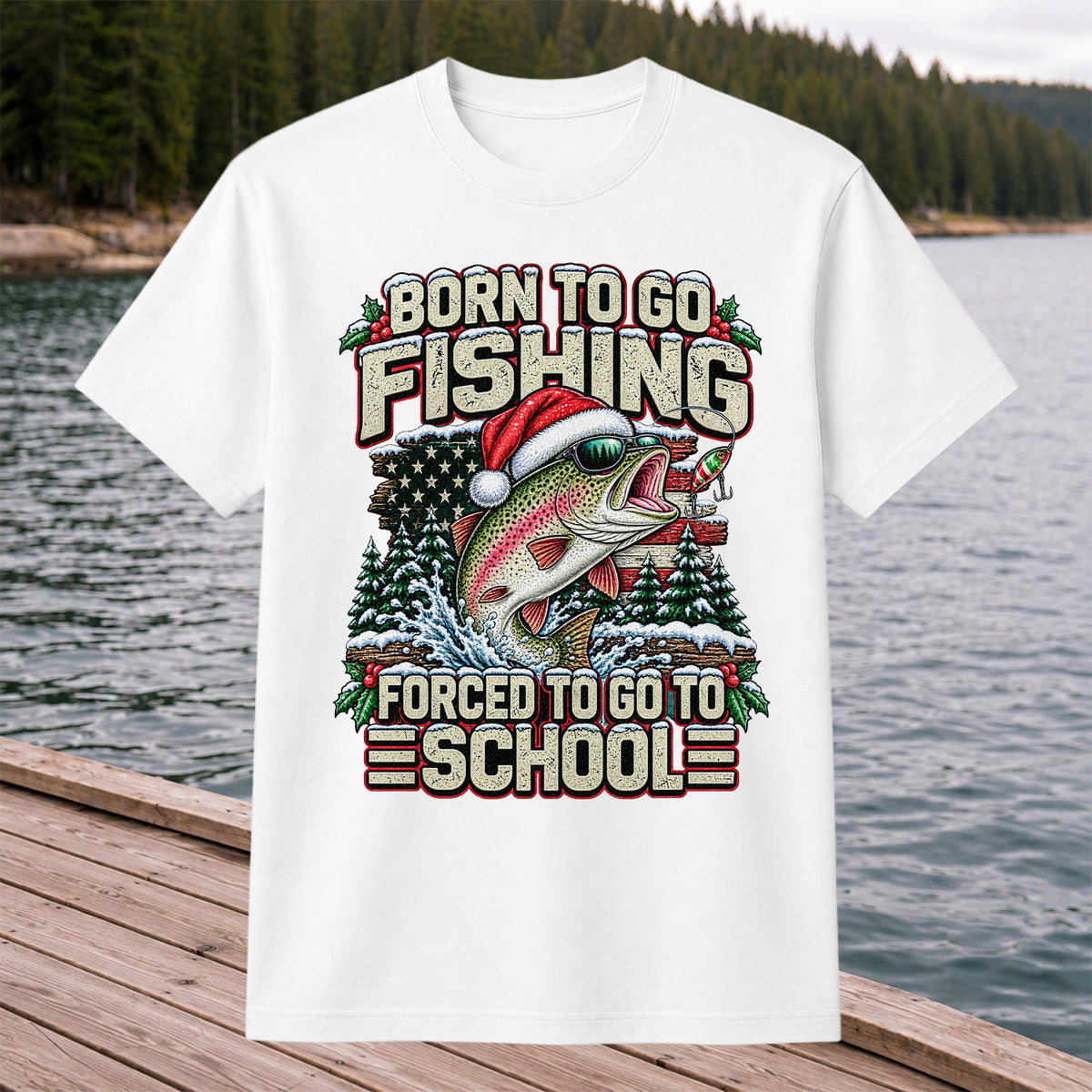 Born to Go Fishing Forced to Go to School Christmas Rainbow Trout T-Shirt