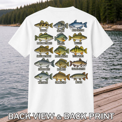 Bass Crappie and Catfish Freshwater Fish Chart Graphic T-Shirt | Back Print