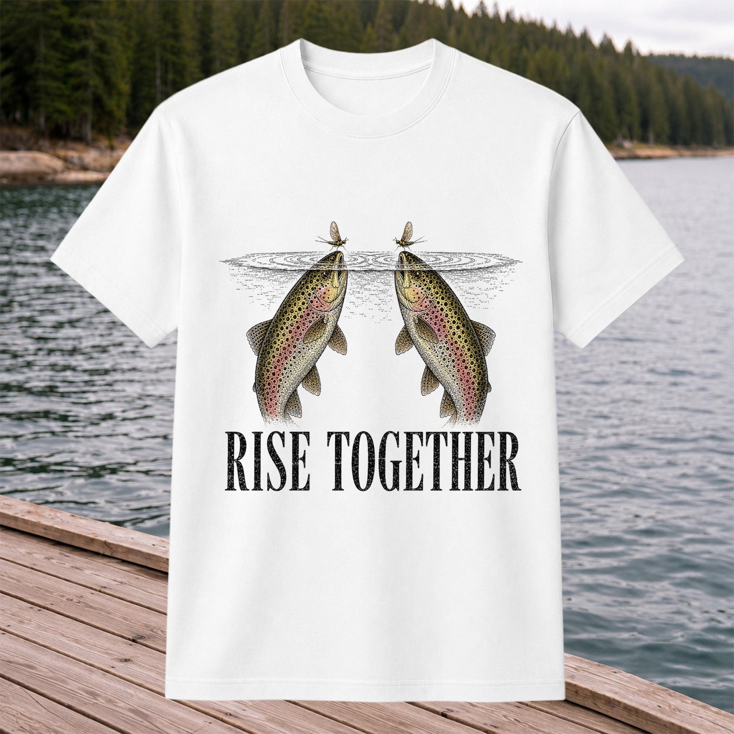 Rise Together Twin Trout and Mayfly Fishing Graphic T-Shirt