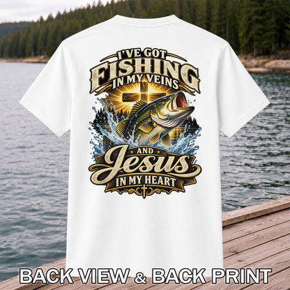 I've Got Fishing in My Veins and Jesus in My Heart Bass and Cross T-Shirt | Back Print
