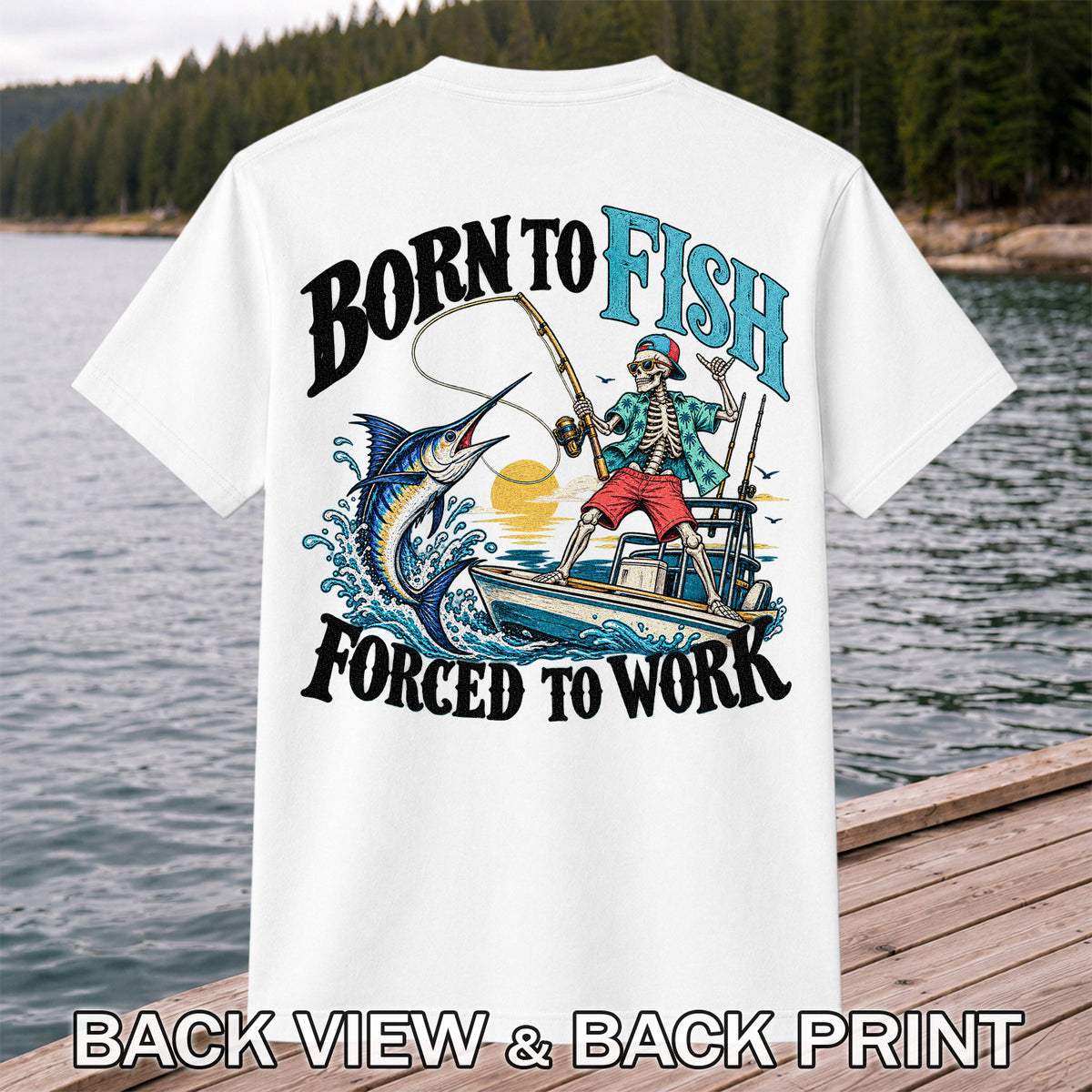 Skeleton Marlin Fishing Boat Graphic T-Shirt | Back Print