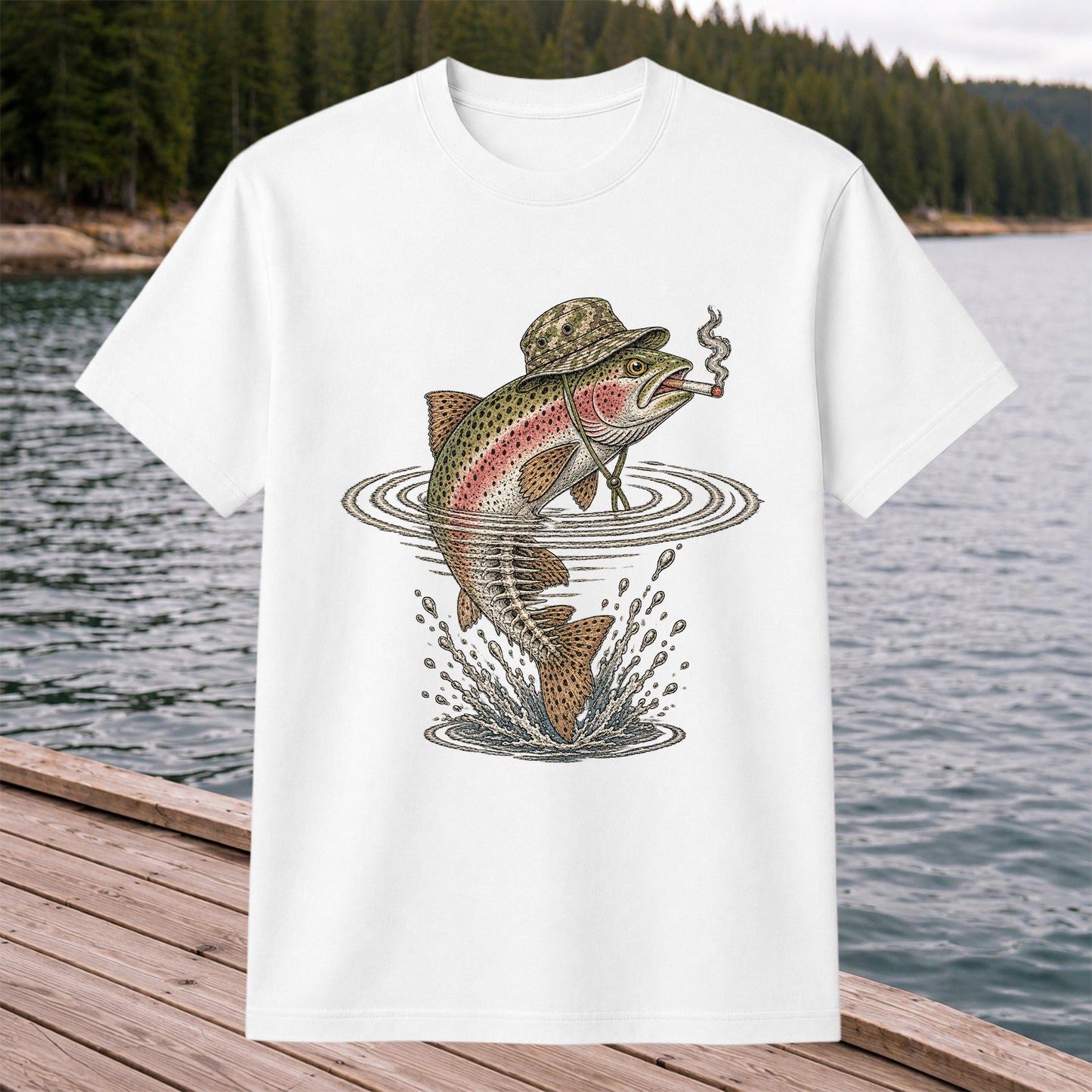 Cigar Smoking Trout in Fishing Hat Graphic T-Shirt
