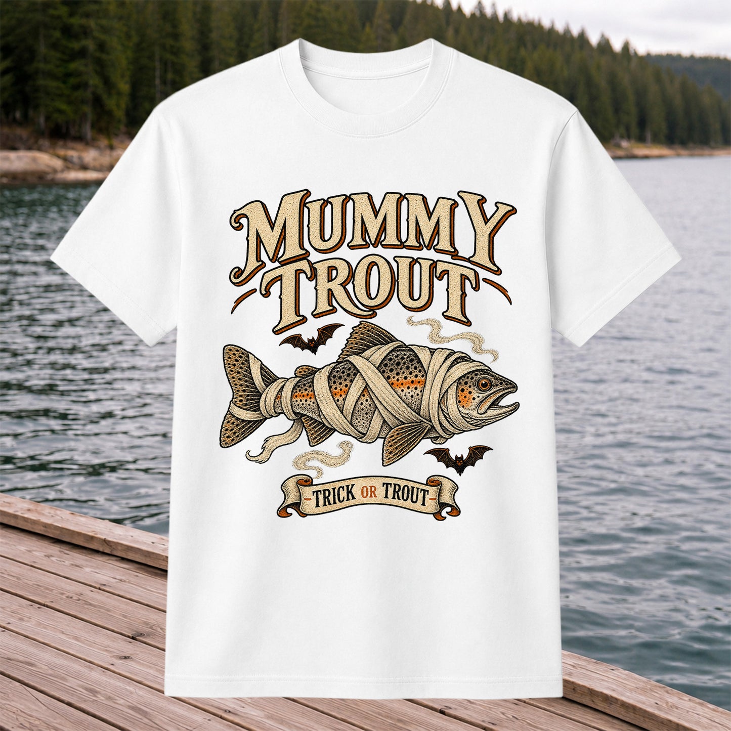 Mummy Trout Trick or Trout Halloween Fishing T-Shirt