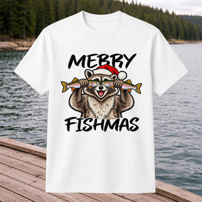 Merry Fishmas Raccoon Rainbow Trout Christmas Fishing T-Shirt