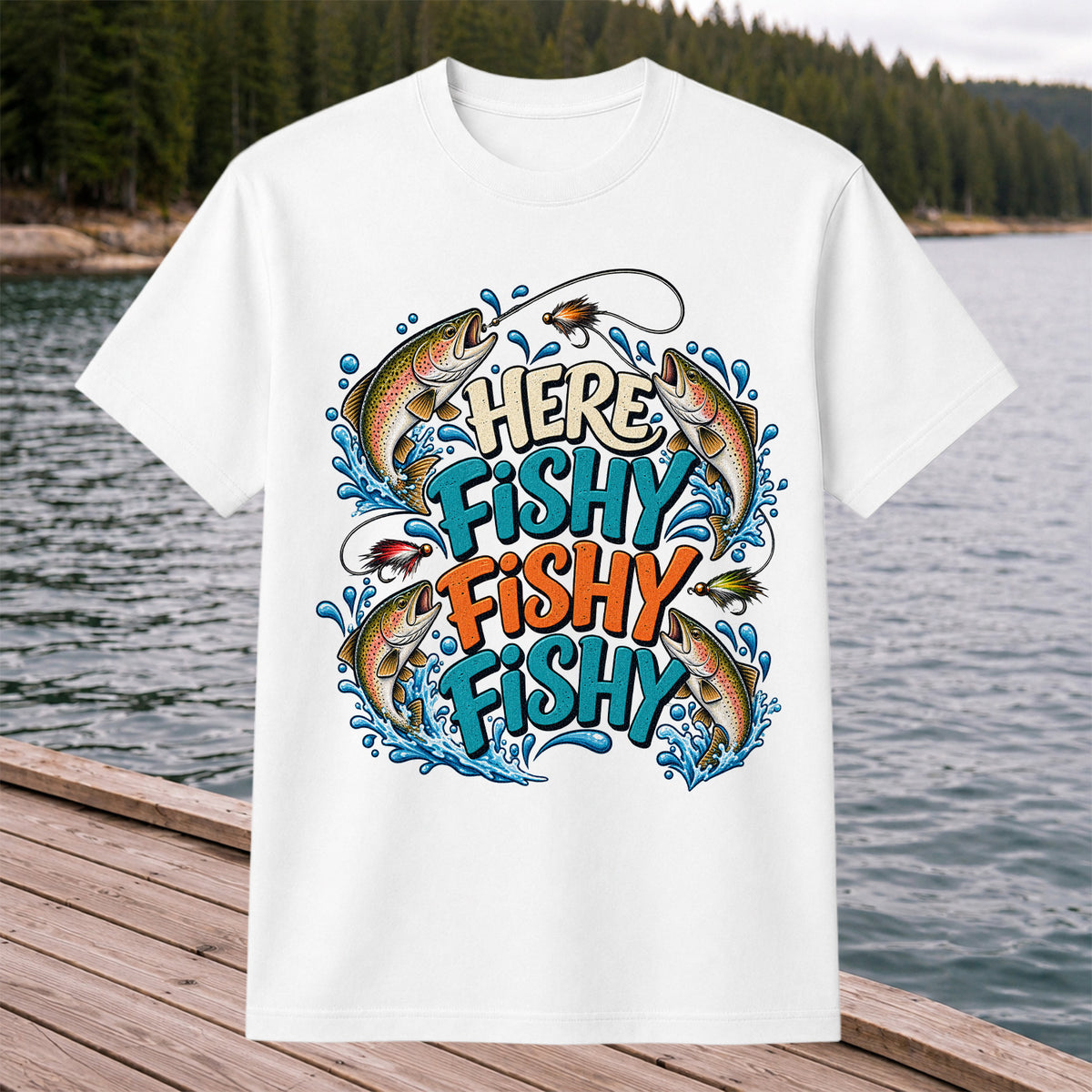 Here Fishy Fishy Fishy Rainbow Trout Funny Fly Fishing T-Shirt