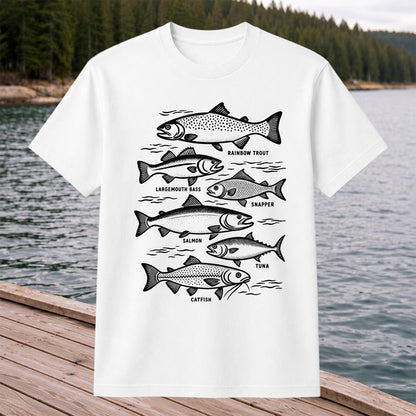 Rainbow Trout, Largemouth Bass, Snapper, Salmon, Tuna and Catfish Fishing Graphic T-Shirt