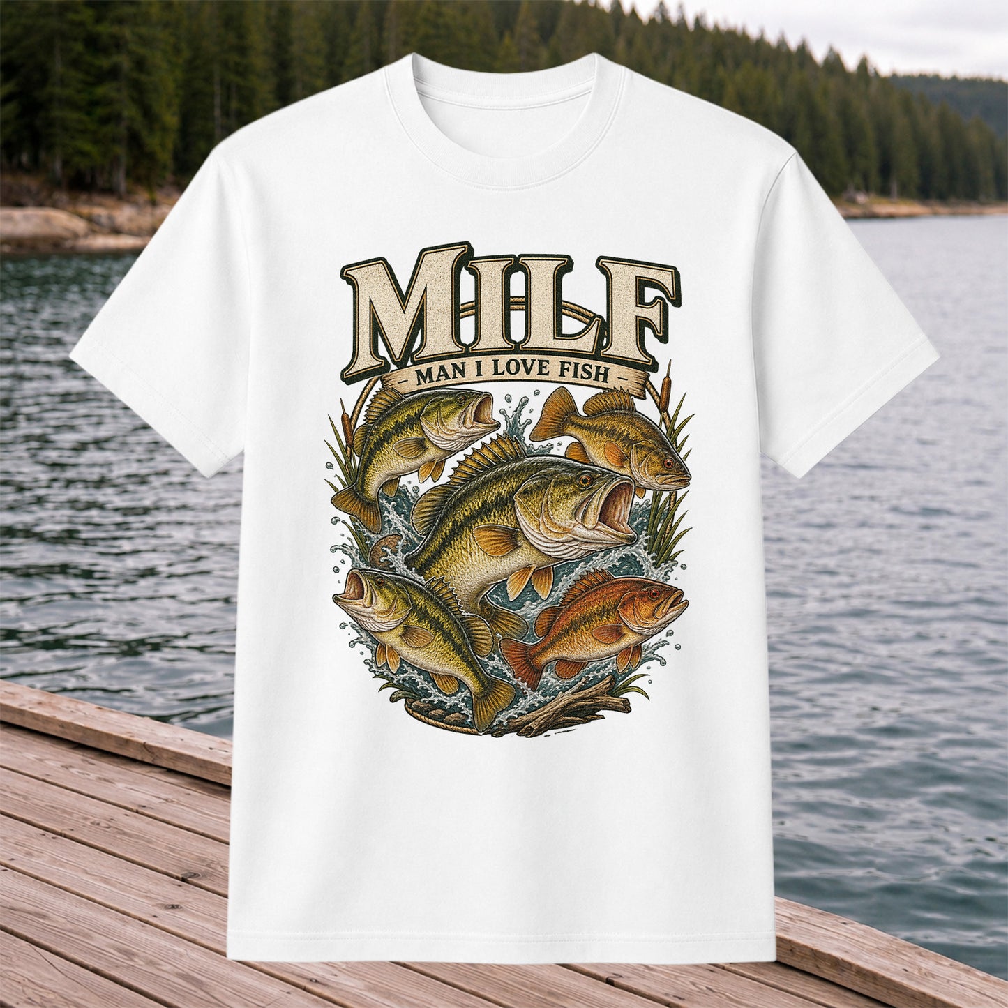 MiLF Man I Love Fish Jumping Bass Fishing Graphic T-Shirt