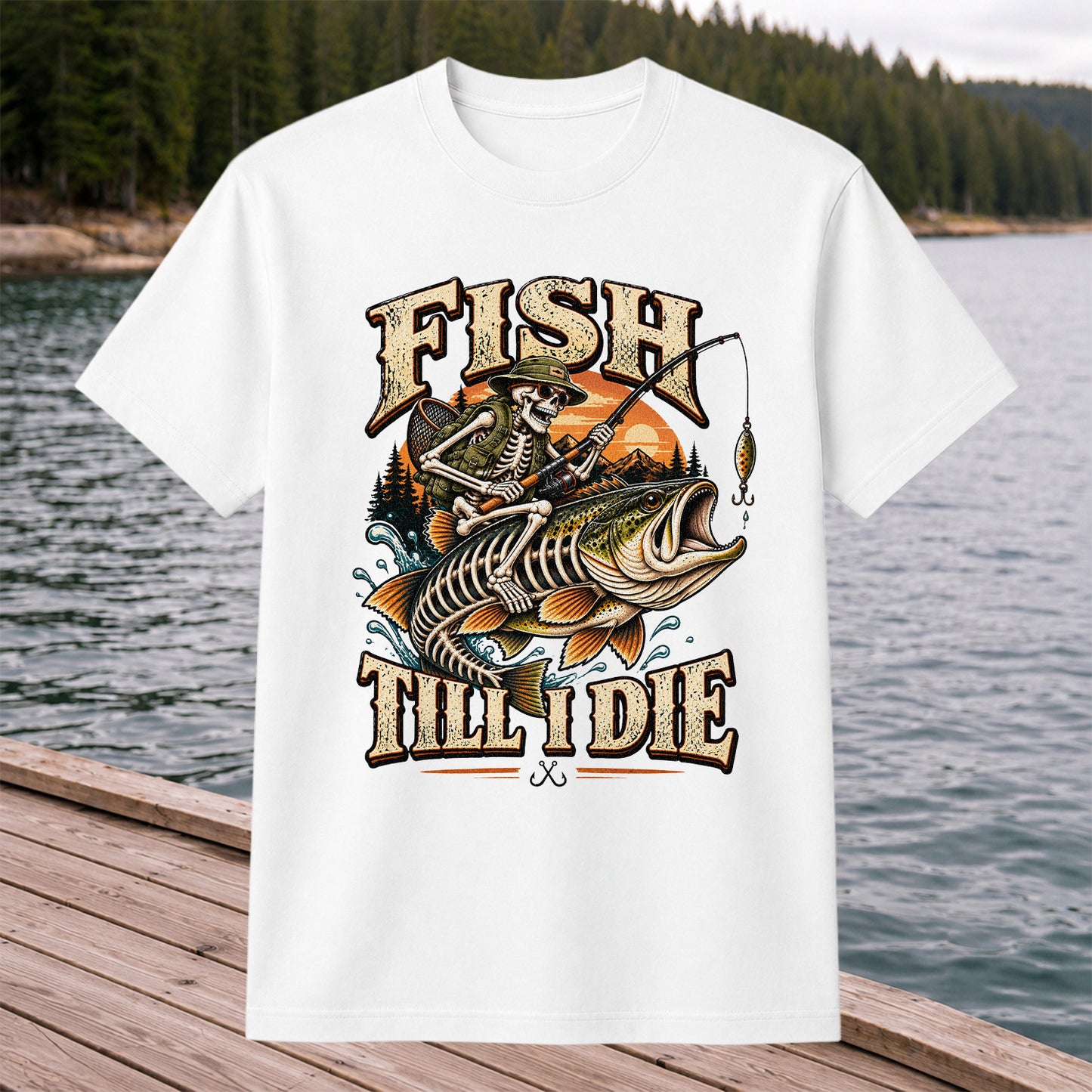 Fish Till I Die Skeleton Riding a Largemouth Bass Fishing T-Shirt