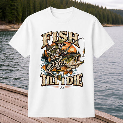 Fish Till I Die Skeleton Riding a Largemouth Bass Fishing T-Shirt