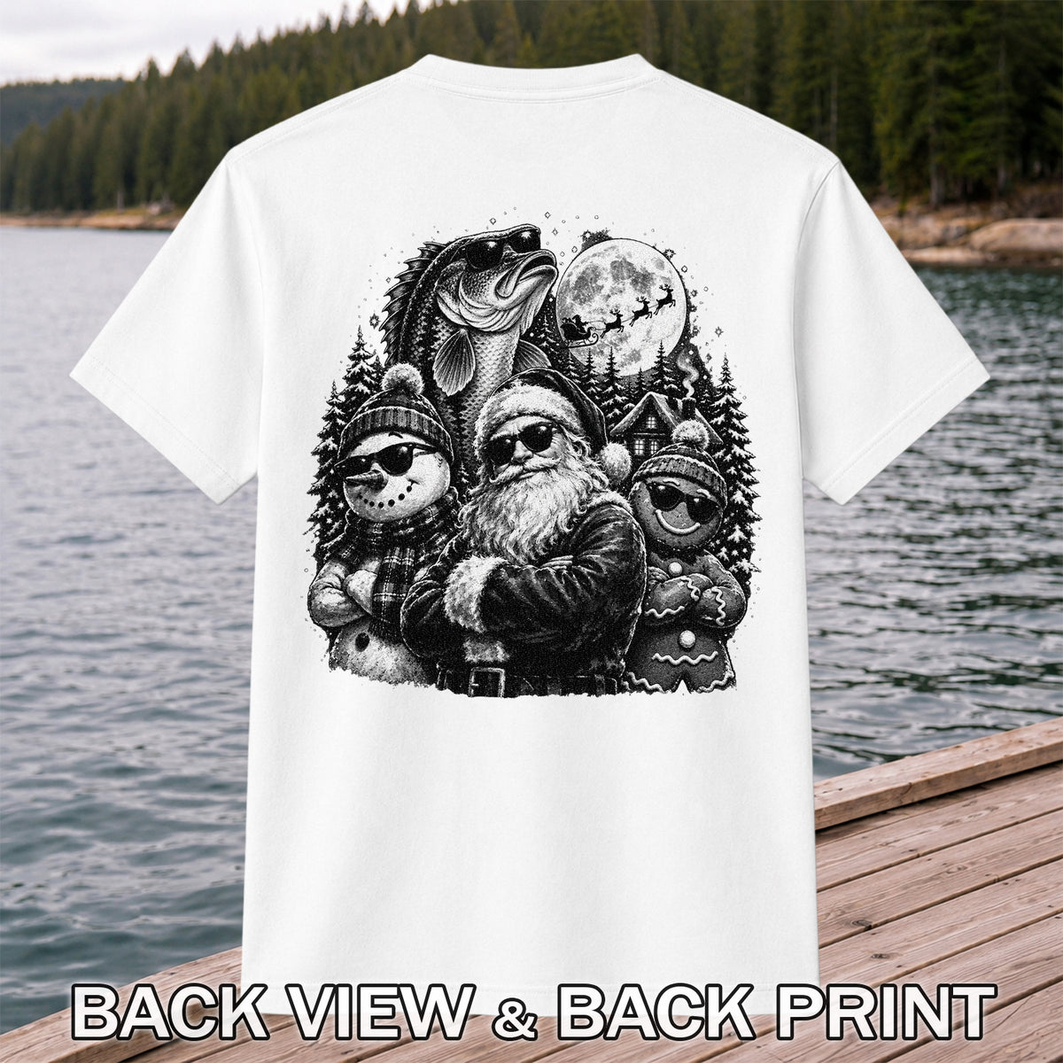 Santa Snowman Gingerbread and Bass Christmas Fishing T-Shirt | Back Print