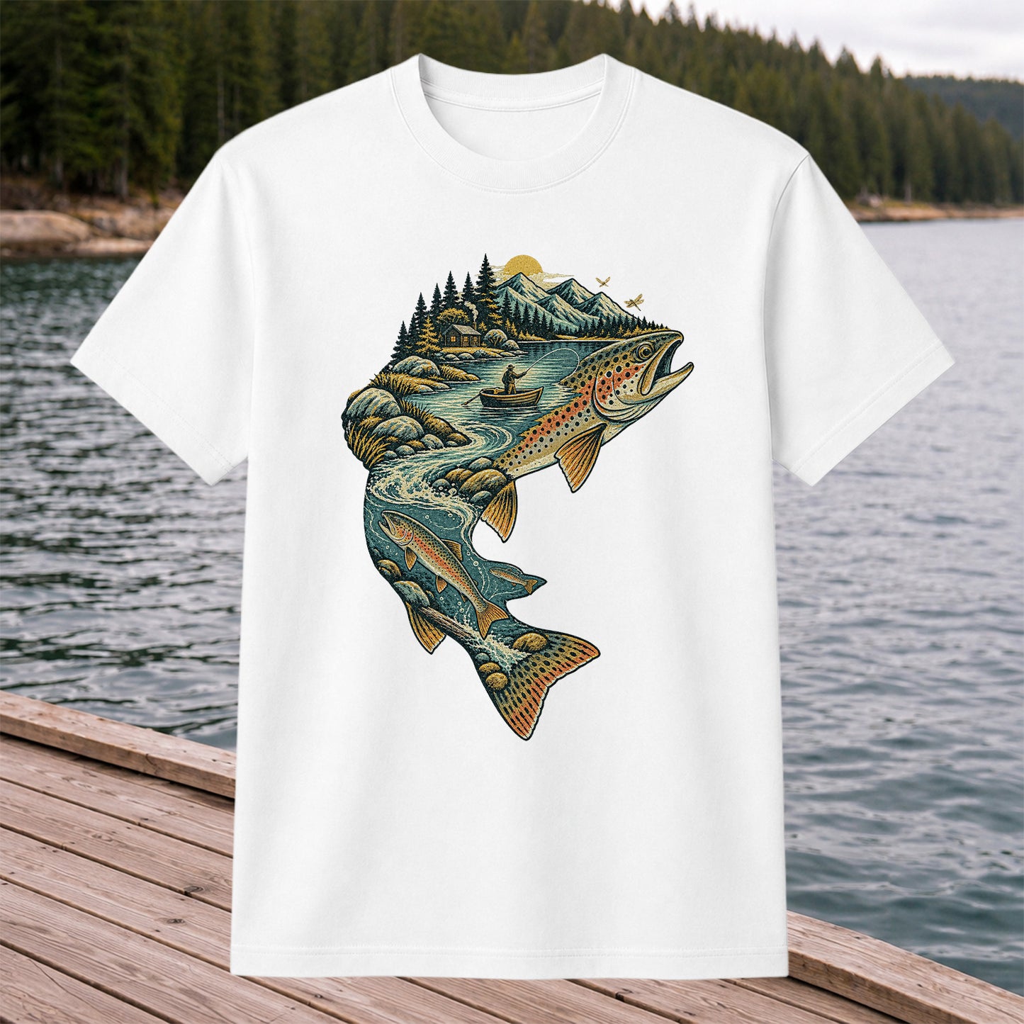 Vintage Brown Trout Mountain River Fly Fishing Graphic T-Shirt