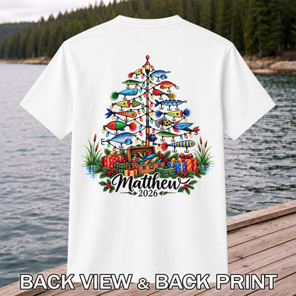 Personalized Christmas Fishing Lure Tree Name Graphic T-Shirt | Back Print