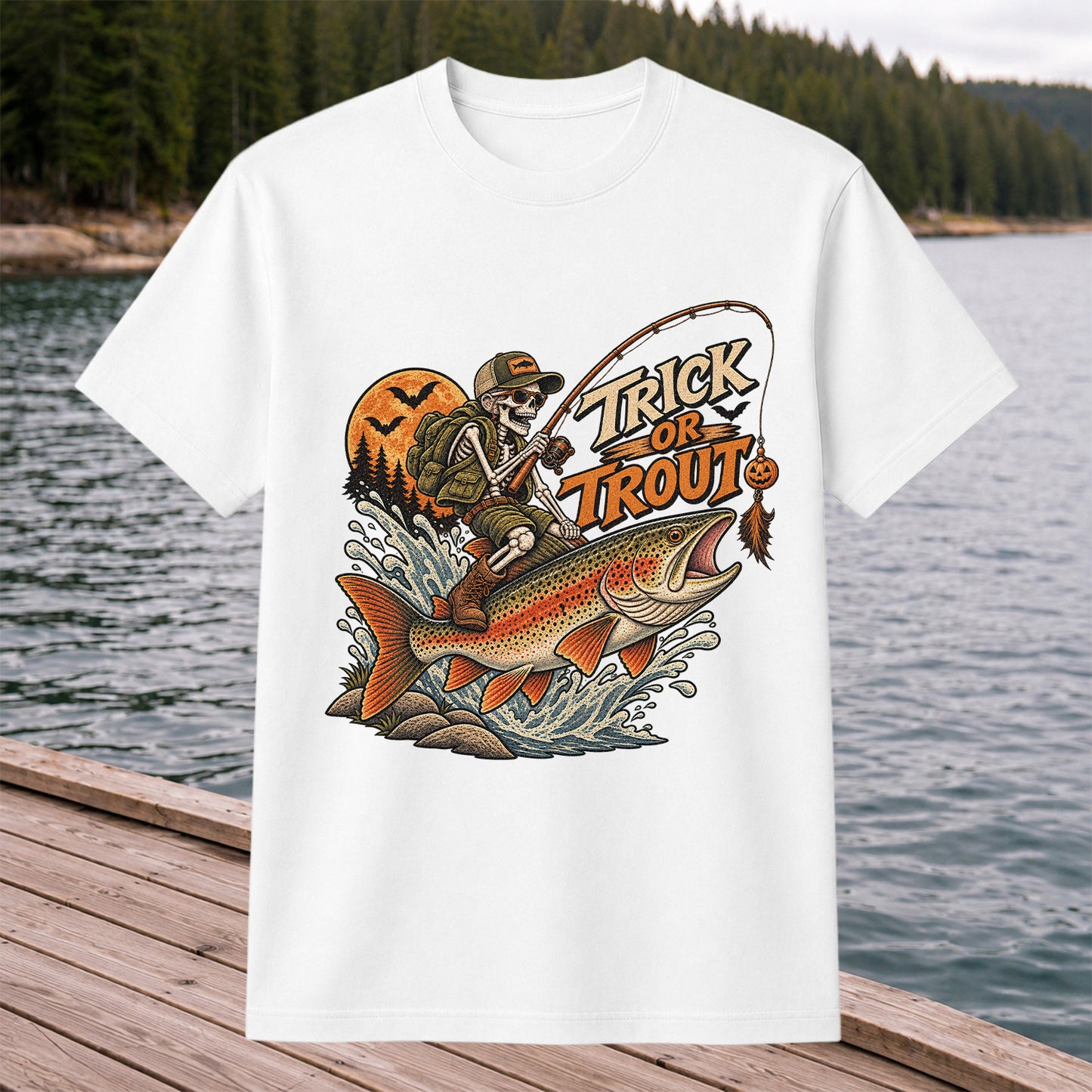 Trick or Trout Halloween Skeleton Angler Fishing T-Shirt