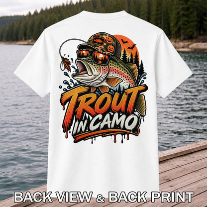 Trout in Camo Halloween Rainbow Trout Fishing Graphic T-Shirt | Back Print