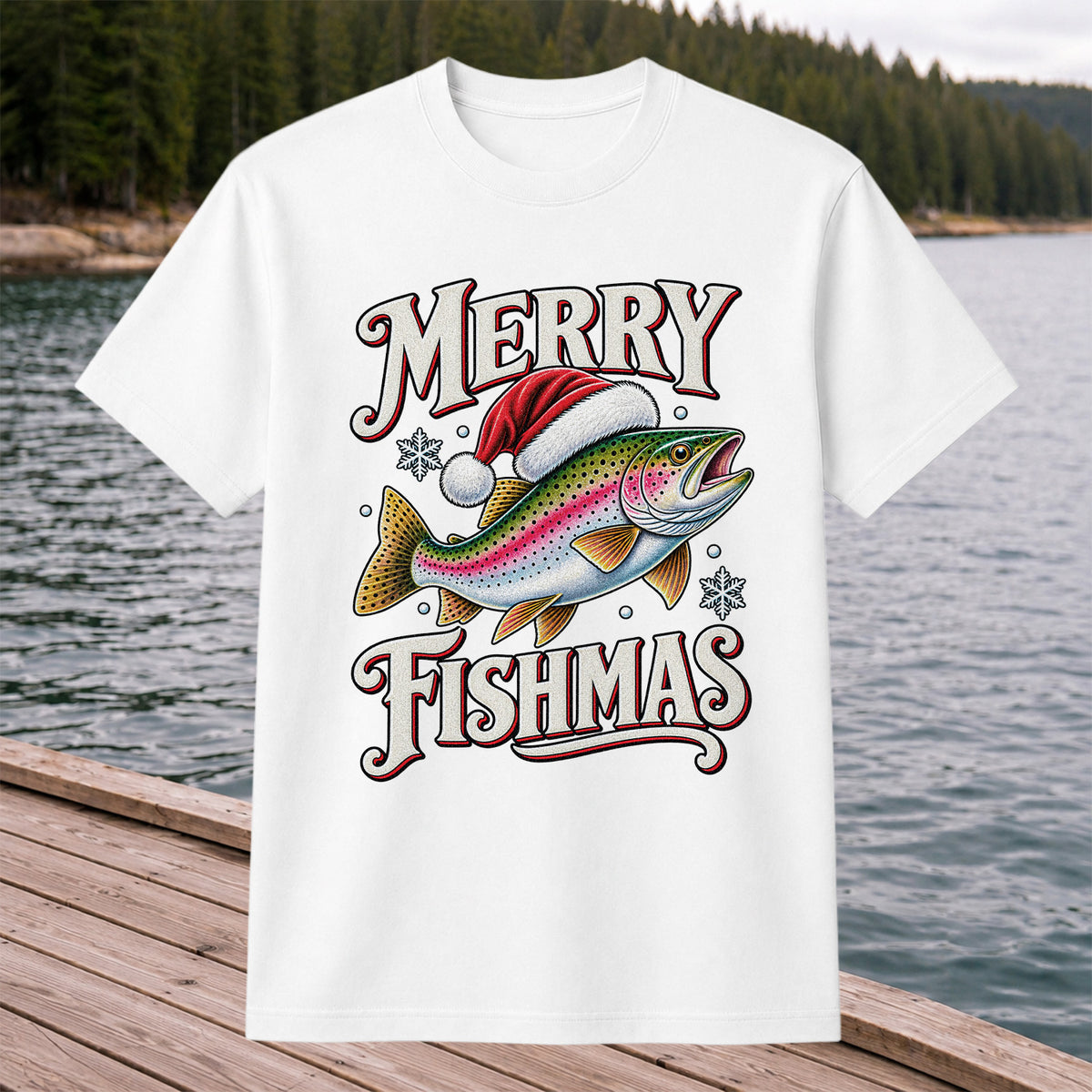 Merry Fishmas Rainbow Trout in a Santa Hat Christmas Fishing T-Shirt