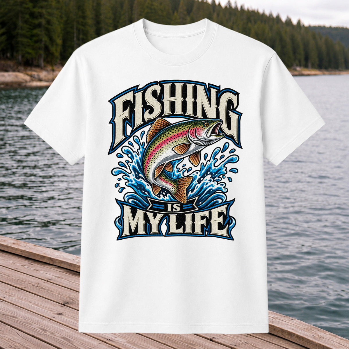 Fishing Is My Life Jumping Rainbow Trout Graphic T-Shirt