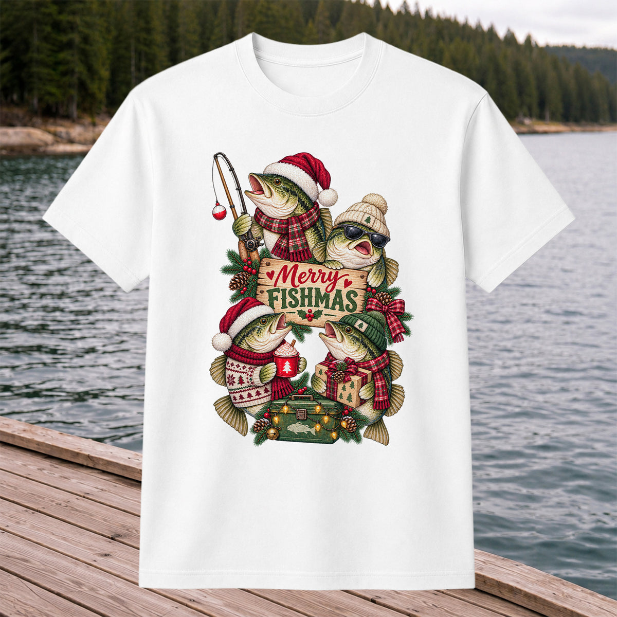 Merry Fishmas Bass Christmas Fishing Graphic T-Shirt