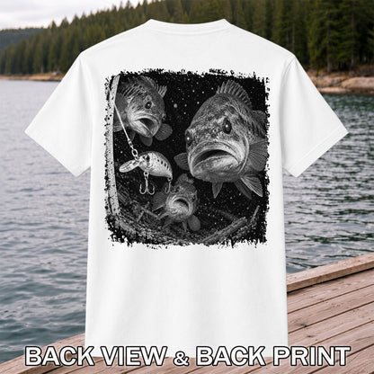Vintage Bass Fishing Graphic T-Shirt with Underwater Fish Artwork | Back Print