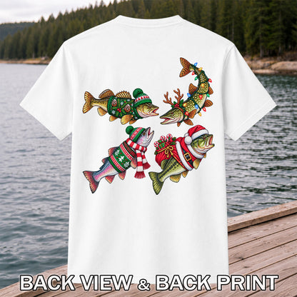 Festive Christmas Fish Wearing Holiday Sweaters Fishing T-Shirt | Back Print