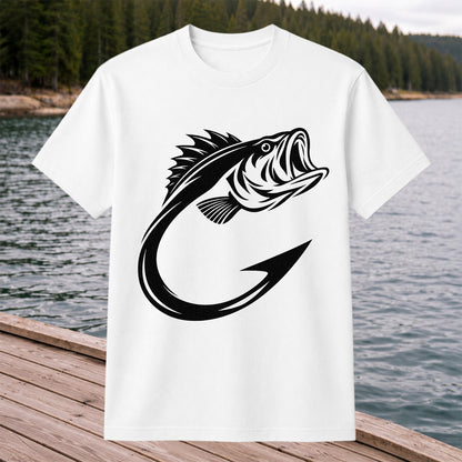 Bass Fish Hook Silhouette Fishing Graphic T-Shirt