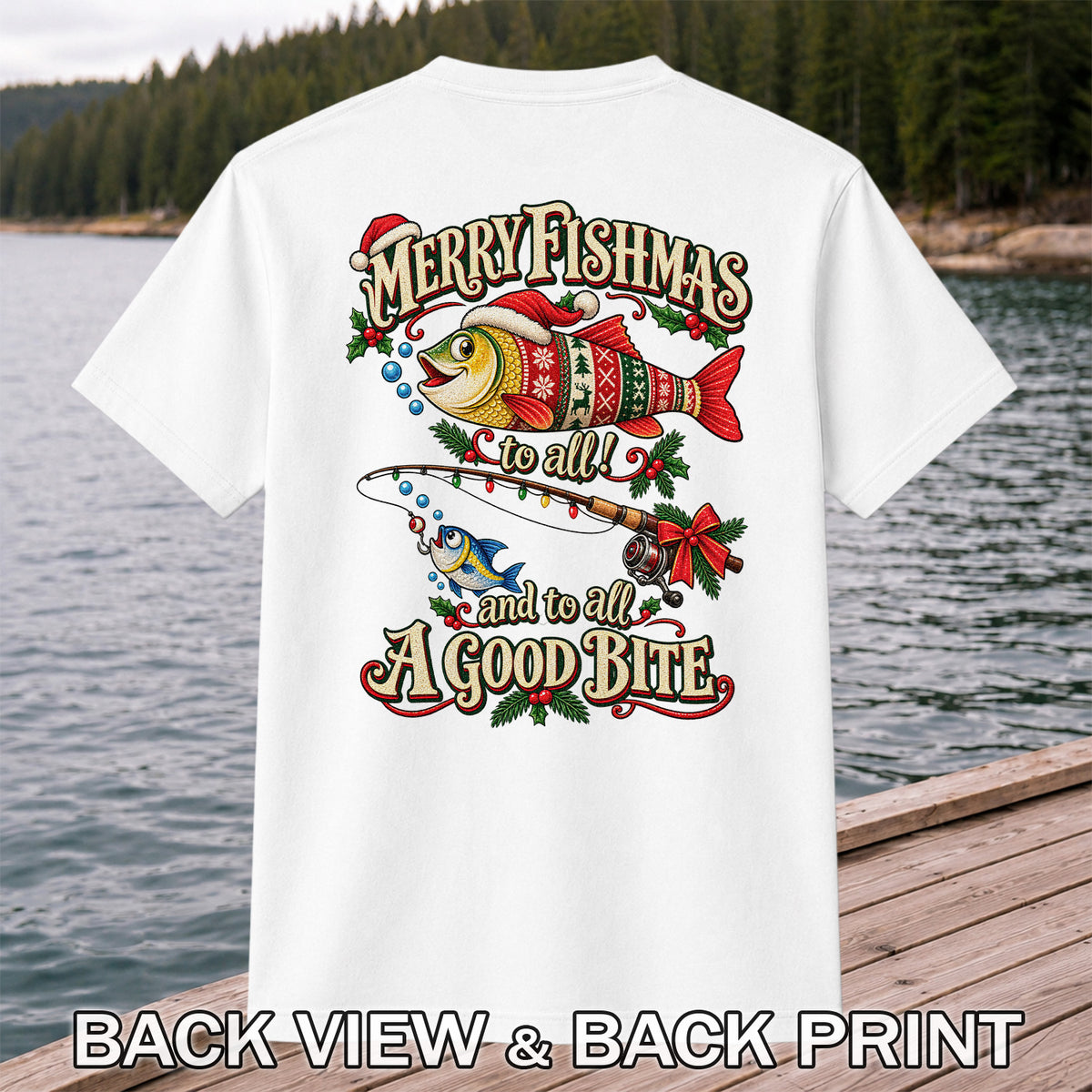 Merry Fishmas to All and to All a Good Bite Christmas Fishing T-Shirt | Back Print