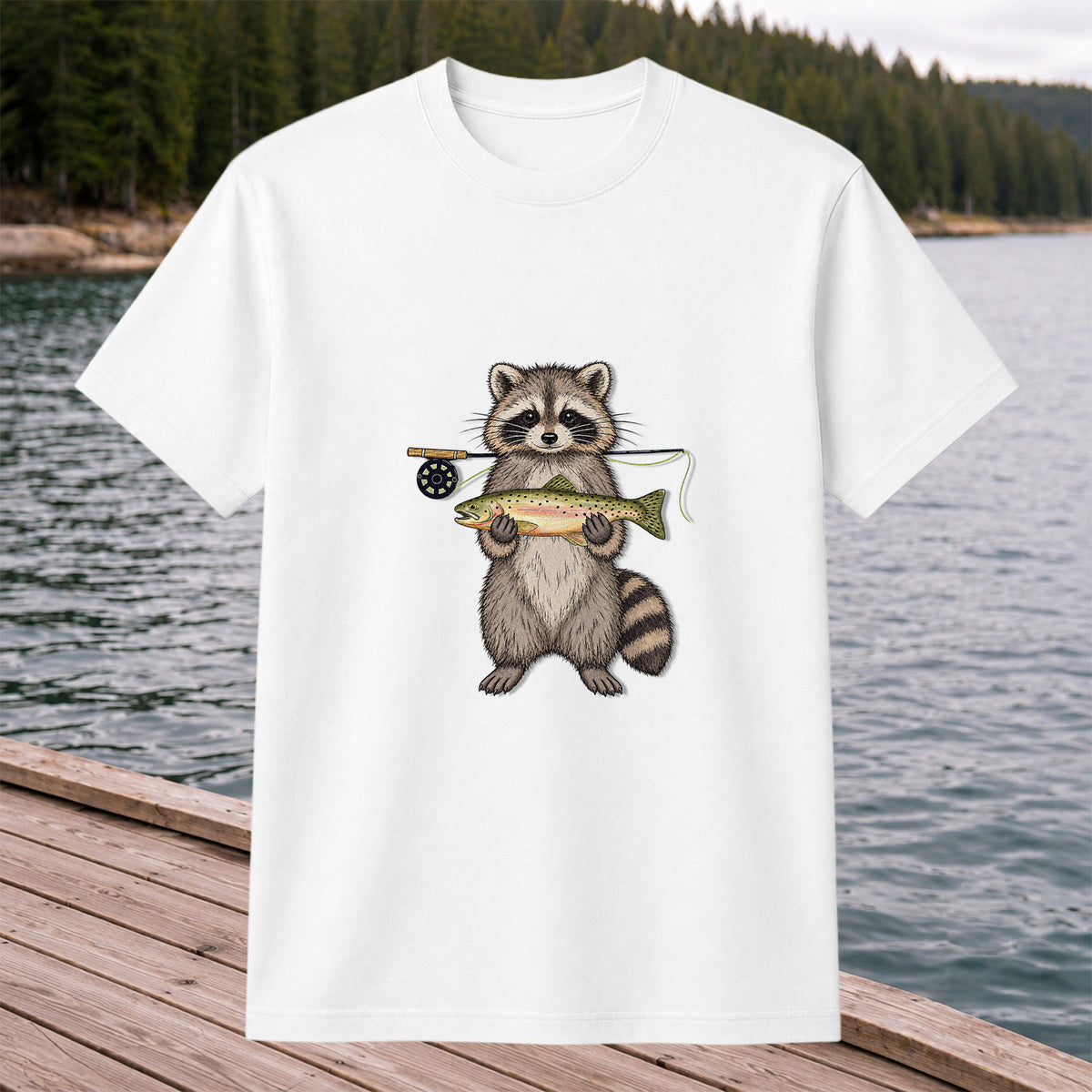 Cute Raccoon Holding Rainbow Trout Fly Fishing Graphic T-Shirt