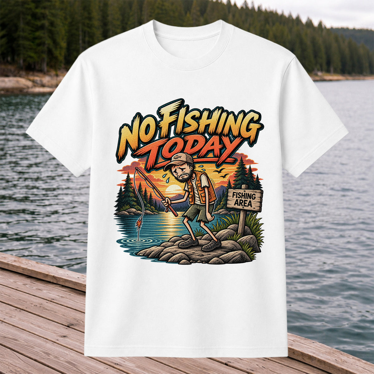 No Fishing Today Sad Angler at the Fishing Area Funny T-Shirt