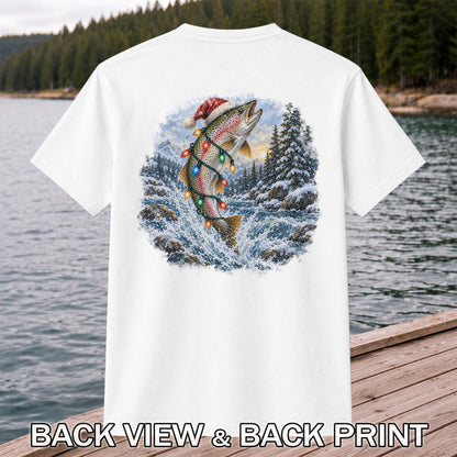 Santa Rainbow Trout with Christmas Lights Fishing T-Shirt | Back Print