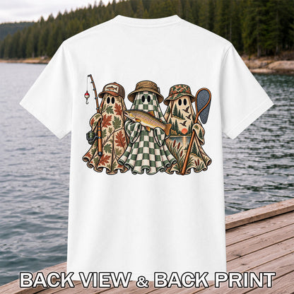 Autumn Ghost Trio with Brown Trout Halloween Fishing T-Shirt | Back Print