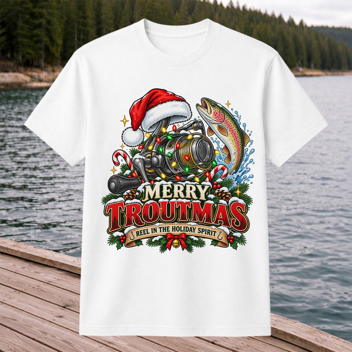 Merry Troutmas Reel in the Holiday Spirit Rainbow Trout and Fishing Reel T-Shirt