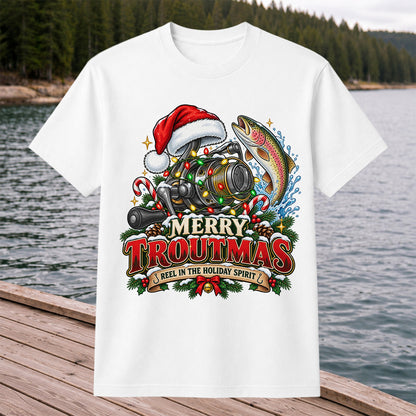 Merry Troutmas Reel in the Holiday Spirit Rainbow Trout and Fishing Reel T-Shirt