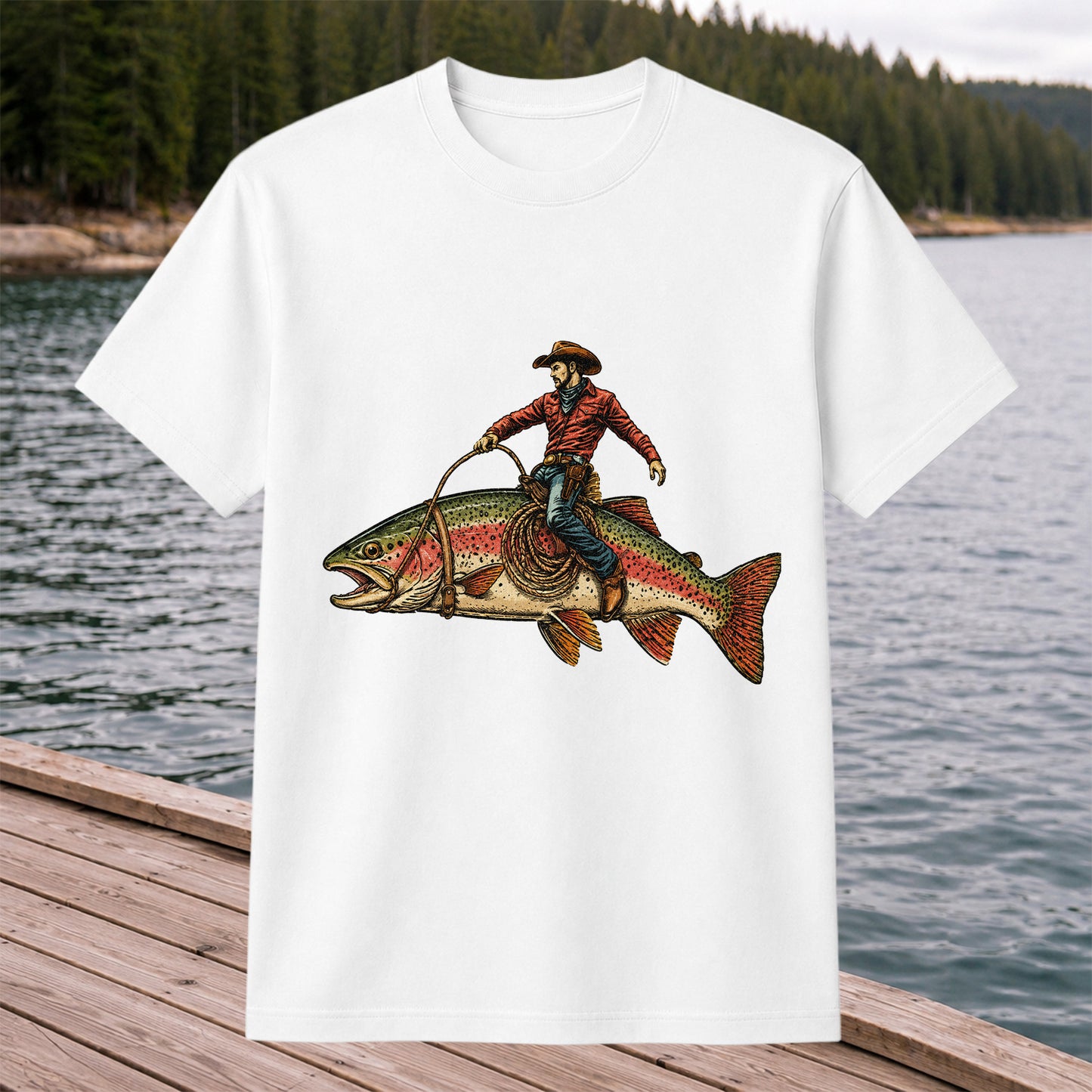 Cowboy Riding Rainbow Trout T-Shirt Vintage Western Fishing Tee