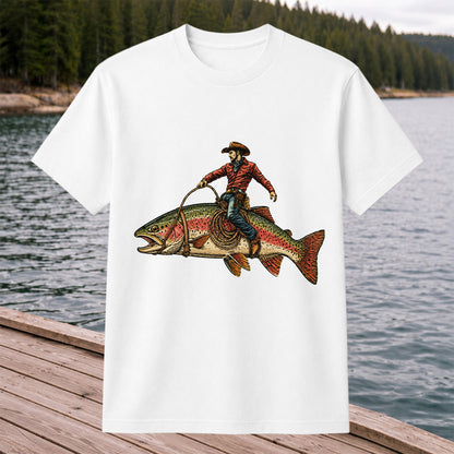 Cowboy Riding Rainbow Trout T-Shirt Vintage Western Fishing Tee