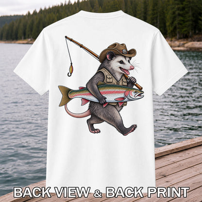 Cowboy Opossum Holding Rainbow Trout Fishing Graphic T-Shirt | Back Print