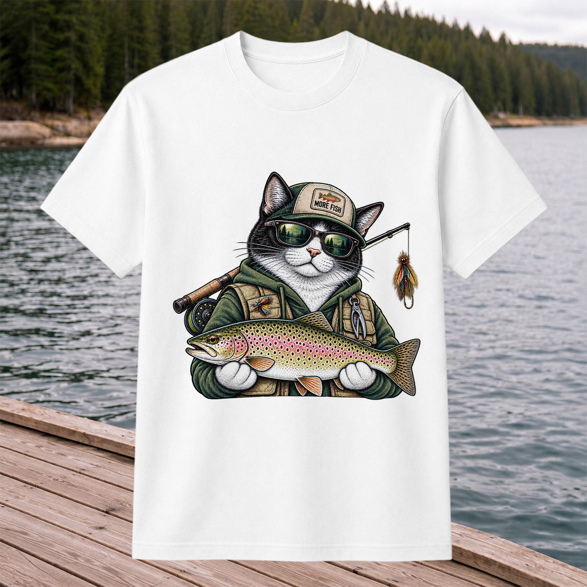 Cat Holding Rainbow Trout Fishing Graphic T-Shirt