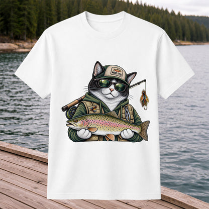 Cat Holding Rainbow Trout Fishing Graphic T-Shirt